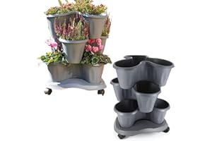 Bama Spa Säulentopf Set stapelbar 3 Ebenen Pflanz Blumen Kräuter Topf Etagere 3er Roller Grau
