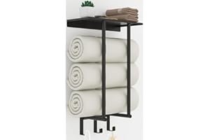 Towel Rack Wall Mounted, BETHOM Bathroom Towel Storage with Shelf and 3 Hooks for Small Bathroom, Bathroom Towel Holder Can Holds Up to 3 Large Size(160 x 100 cm) of Rolled Towels, Black