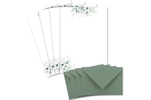 GLÜXX AGENT Set di 50 fogli per lettere, formato DIN A4, carta naturale in color crema con rami di eucalipto, con buste DIN C6 di colore verde eucalipto, stampabile, ideale per inviti di matrimonio