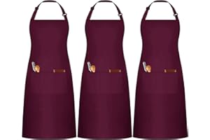 umboom 3 Pezzi Rosso Grembiule, Regolabili Cuoco Grembiule con 3 Tasche per Donna Uomo, Professionale Lavoro Grembiule per Cucina, Barbecue, Ristorante, Bar, Giardino, Pittura (Policotone - Rosso)