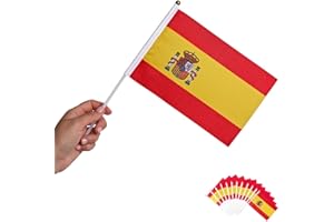 Runesol Pack de 12 Banderas Española Miniatura, 14cm x 21cm, Bandera de Mano Internacional, Bandera en un Palo, Decoración de Banderas, Española, Deportes, Eventos, Epifanía