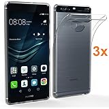 REY Pack 3X Cover in Gel TPU Trasparente per Huawei P9 Plus, Ultra Sottile 0,33 mm, Morbido Flessibile, Custodia Silicone