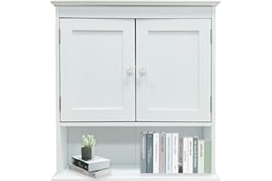 DUEPEKT Wall Mounted Cabinet, Bathroom Storage Cupboard with Double Doors, Towel Bar & Adjustable Shelf, Wooden Hanging Organizer Unit for Bedroom Kitchen Living Room, White