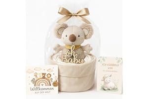 HOMERY Gâteau de couches pour fille et garçon, fabriqué à la main en Allemagne, cadeau de naissance et de fête prénatale, avec hochet koala, sac de rangement et film cadeau, emballage neutre