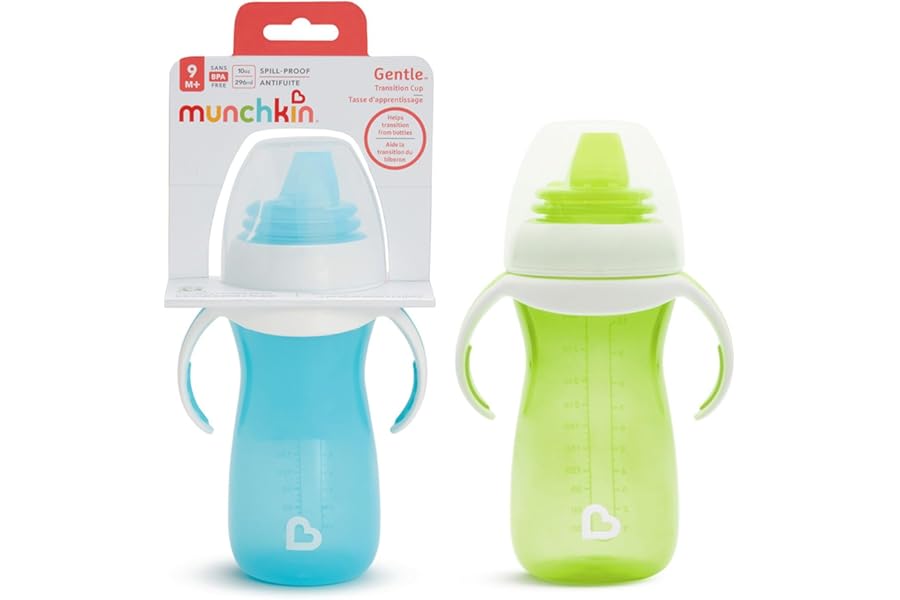 Munchkin Gentle Transition Baby Bottles | Babies and Toddler Bottle with Handles and Lids| Kids Water Bottle with Spout |Non Spill | Baby Led Weaning | for 9+ Months| 2 pack | 10oz/296ml | Green/Blue