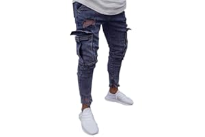 FANNYFUNY HOSE Fannyfuny Mode Herren Destroyed Jeans-Hose mit Taschen Reißverschluss Herren Slim Fit Jeans Denim Used Look Mit Destroyed-Optik Teen Jungen Party Kleidung Hellblau S-XXXXL