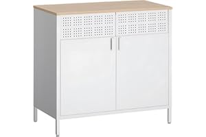 HOMSTEEL Sideboard, Aufbewahrungsschrank aus Metall, 2-stöckiger Schrank mit Verstellbaren Regalen, mit Stahlrahmen, für Wohnzimmer, Esszimmer, Eingangsbereich, Naturfarben-Weiß