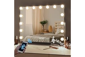 FENCHILIN Hollywood Vanity Mirror with Speaker and USB Port, 3 Color Modes Adjustable Brightness Mirror, Rotation Lighted Vanity Mirror 15pcs LED Bulbs 10X Magnified Tabletop Makeup Mirror