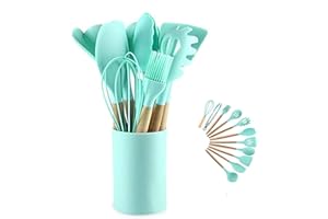 HUBEI Utensili da cucina in silicone Set di utensili da cucina - 446 ° F Manici in legno resistenti al calore Utensili da cucina grigi Set di strumenti per pentole antiaderenti (Agate Green-12pcs)
