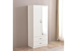 PALAKLOT Stylish 2 Door Mirrored Wardrobe with 2 Drawers | Matt Finish | Modular Cabinet for Space Saving | Ideal Storage Organizer 180x113.5x46.5 cm (White)