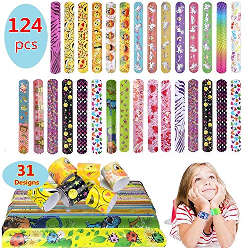 Pachock 124pcs Slap Bracelet Bandas Slap con 31 diseños para Rellenos de Bolsos para Fiestas, Hermoso Regalo, Favores de Fiesta de cumpleaños para niños.