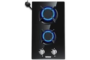 Karinear Plug in 2 Zone Gas Hob with Crystal Glass Cooktop, 3500W Knob Control, NG Original Nozzle, come with LPG Replace