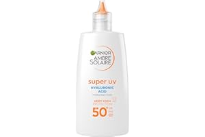Garnier Ambre Solaire Super UV Hyaluronic Acid Hydrating Fluid, SPF 50+, UV Protection, 24H Hydration, Enriched with 3% Glycerine & Vitamin E, Invisible Finish, Non-Greasy, Non-Sticky