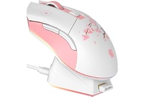 ‎DAREU DAREU Pink Mysz do gier bezprzewodowa z magnetyczną stacją dokującą do ładowania RGB, 12 tys. dpi, 7 programowalnych przycisków, precyzyjny czujnik 300IPS 1000 Hz do komputerów PC i notebooków Mac