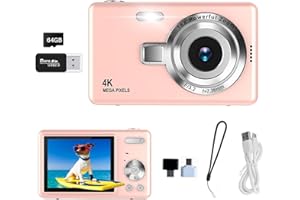 CIENXUAN Digital Camera 2.7K FHD 50MP with 2.4" LCD Screen,16X Digital Zoom, Compact Portable Vlogging Camera with 64G SD Card and Android Huawei OTG Adapter for Kids Teen Students Beginner (Pink)