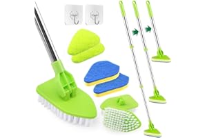 BEYGIH Schrubber mit Stiel, 4 in 1 Teleskopstiel dusche reinigungsbürste mit DREI Arten Von bürsten, Abnehmbare Bürste mit Steifen Borsten und Schwammkopf für Bad, Badewanne, Boden, Wand, Terrasse