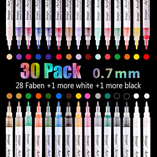 Beager Acrylstifte Marker Stifte, 30 Farben 0.7mm Feine Acrylfarben stifte Metallic Marker Wasserfeste für Stein Metall Papier Glas Kunststoff Keramik Holz Leder DIY Fotoalbum Acrylfarben Marker Set