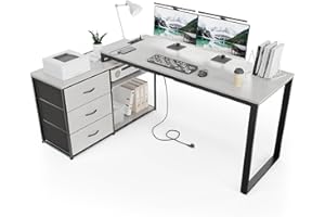 TRIUMPHKEY Scrivania con 3 cassetti, 140 x 105 x 75 cm, Scrivania angolare con ripiani, reversibile a forma di L con 2 porte di ricarica USB e 2 prese di corrente, scrivanie per casa, grigio