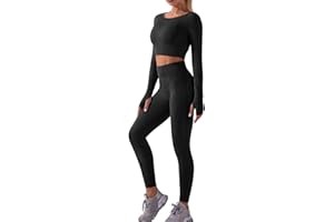 Heflashor Ensemble de Yoga Femme 2 Pièces Survêtements Sweat de Compression Push Up Legging Collant Slim Fit Sportswear Fitness Tenues de Sport Élastique Gym