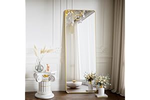 Koonmi Specchio da pavimento con angoli arrotondati, 50 x 150 cm, con supporto, grande per pavimento, specchio da pavimento, per camera da letto, soggiorno, oro