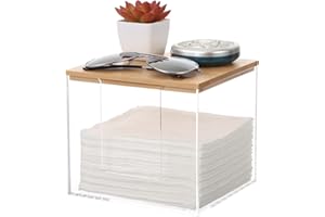 Rainmae Disposable Face Towel Holder, Acrylic Cosmetic Facial Towel Storage Box for XL Clean Skin Club, Upgrade Tissue Holder with Bamboo Lid Towel Organizer Container for Bathroom Vanity Countertop