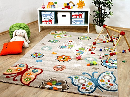 Kinder und Spiel Teppich Savona Kids Beige Schmetterlinge Bunt in 5 Größen