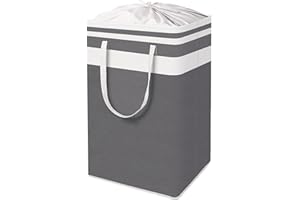 Yawinhe 78L Wäschekorb mit Kordelzug, Wasserdichte Beschichtung,Faltbarer Wäschesammler Wäschebox Aufbewahrungskorb, für Schlafzimmer, Weiß/Grau, 1-Pack, ZYL001WG-1