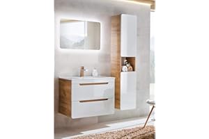 Lomadox Badezimmer Badmöbel Set, Hochglanz weiß mit Wotan Eiche Nb., 81 cm Waschtisch-Unterschrank mit Keramik-Waschbecken, 80 cm LED-Spiegel, Hochschrank mit 2 Türen, B/H/T ca. 130/200/46 cm