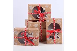 DOJoykey Gift Boxes with Red Ribbon for Christmas, 6pcs Kraft Paper Treat Box with Window for Christmas Bakery Chocolate Lolly Pop Sweets Cookies
