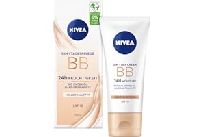 ‎NIVEA NIVEA 5 IN 1 Tagespflege BB 24h Feuchtigkeit LSF 15, getönte Tagescreme für helle Hauttypen, Gesichtscreme mit Bio Jojoba-Öl und Make-Up Pigmenten