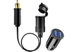 HOEMBPN 30cm Enchufe DIN Macho Adaptador de Mechero Europeo al Toma del Encendedor de Cigarrillos Cable de Extensión Impermeable para Moto,12V/24V Mini Encendedor de Cigarrillos Cargador USB Dual de Coche