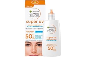 ‎GARNIER Garnier Ambre Solaire LSF 50+ Super UV Fluid, mit Hyaluronsäure für tägliche Pflege, ultraleicht & mattierend für das Gesicht, unsichtbar, Schutz vor Sonnenbrand & Pigmentflecken, 40ml
