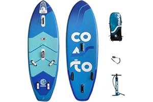 Coasto - WindSUP Mir - Planche à Voile Gonflable et Rigide - Pompe Double Action - Windsurf, Wingsup et Wingsurf - Sac de Transport, Leash, Footstraps, Ailerons et Dérive - Bleu