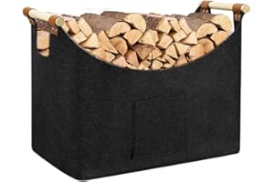 RHHGHY XL Cesto para Leña, Cesta de leña plegable Bolsa de fieltro, Cesta Leña Chimenea, asas antideslizantes + bolsillo frontal extra grande, como cesta de la compra, madera, periódico o leña