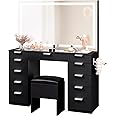 YITAHOME Dressing Table & stool set,Vanity Desk w/ 3-Color LED Lights Mirror,Lights Brightness Adjustable,Transparent Glass Top Vanity Table with 11 Drawers,Power Outlet,Black Makeup Desk for Bedroom