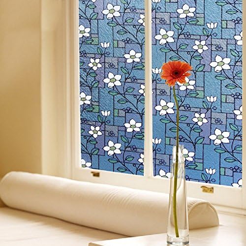 Zanbringe 17.7x78.7 Inches(45x200CM) Non-Adhesive White Flower Static Cling Privacy Window Film