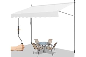 Gimisgu Toldo para balcón con manivela, 250x120cm Toldo Manual portátil de balcón Patio, Poliéster-Acero, Altura Ajustable, Protección Solar estanca a Agua, Sin Taladrar, Beige