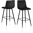TUKAILAi Black Bar Stools Set of 2, Velvet Upholstered Seat Kitchen Counter Barstools with Metal Footrest and Sturdy Legs for High Breakfast Bar Pub and Home Island