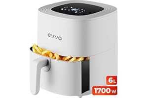 EVVO Freidora Aire Sin Aceite de 6L, 1700W, Recipiente Antiadherente, Tecnología Dual Cyclone, Multifunción, Hornea, Deshidrata, Descongela, Hasta 200º, Apagado Automático (Color Blanco)