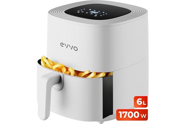 EVVO Freidora Aire Sin Aceite de 6L, 1700W, Recipiente Antiadherente, Tecnología Dual Cyclone, Multifunción, Hornea, Deshidra