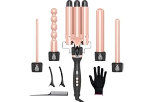 OBVHNUA Ferro Arricciacapelli 5 in 1 Piastra Onde Per Capelli 80-230℃ Regolazione Della Temperatura Riscaldamento Rapido PTC, con guanto, 2 mollette e 1 pettine