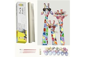 DONELTON Pintar por Numeros adultos Animales - Cuadros para Pintar por Números con Pinceles y Pinturas Brillantes - Lienzo con dibujos para Pintar con Numeros para adultos - Sin Marco (Familia de Jirafas)