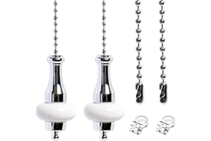 REBANKY LY 2 Pcs Light Pull Chain Switch Pull Cord Weight Handle Metal Chrome Plated with White Ceramic Connectors, Ceiling Fan Pull Chain Bathroom Toliet Light Pulls Cord 1 Meter