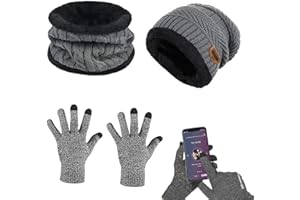Aoreun 3in1 Inverno Berretto Scaldacollo Guanti Set, Cappello Sciarpa Guanti Invernale Set Uomo Donna 3 Pezzi Touch Screen Cappellino in Maglia per Outdoor Sport Running Bici Sci Moto