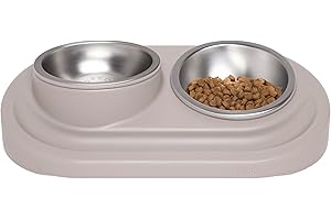 Ubbi Pet Feeding Bowls Set, One Elevated and One Flat Stainless Steel Bowl with Non-Slip Mat, Pet Feeder Bowls for Dogs or Cats, Ergonomic Design, Taupe
