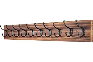 PHINGEER Wall Mounted Coat Rack,Vintage Wooden Coat Hooks for Wall,Heavy Duty 10 Dual Coat Hangers for Hanging Coats, Jacket,Hat,Clothes,Brown (10 Hooks)