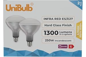Unibulb Infra-Red Heater Lamp E27 Edison Screw (ES) 1300 Lumens 250W Heat Lamp Light Bulb, 2700k Warm White, Hard Glass Finish, Dimmable, Box of 2