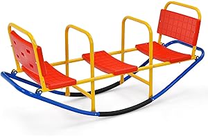 DREAMADE Balançoire à Bascule en Métal pour Enfant 3-8 Ans, Bascule avec 3 Siège, Trébuchet avec Poignées & Dossiers, pour Intérieur/Extérieur, Salon et Cours (Balançoire 3 Places)