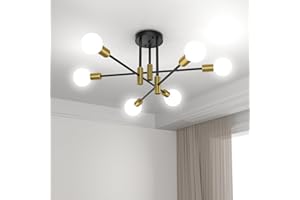 Gbood 6-Lights Black Gold Semi Flush Mount Ceiling Light Fixture,Sputnik Chandelier for Bedroom Lighting, Industrial Kitchen Light Fixture Ceiling Mount for Dining Room Hallway Living Room