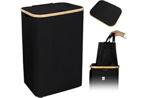 CALIYO WäSchekorb Mit Deckel 100 Liter, Wäschesammler Schmal mit Henkel und Abnehmbarem Beutel, Wäschekorb Faltbarer Groß, Laundry Baskets, Wäschebox für Schlafzimmer und Badezimmer(Schwarz)